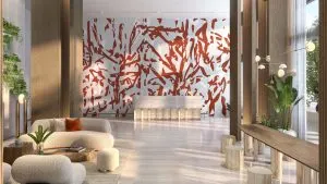 Gran lobby con obra de arte de Arturo Herrera